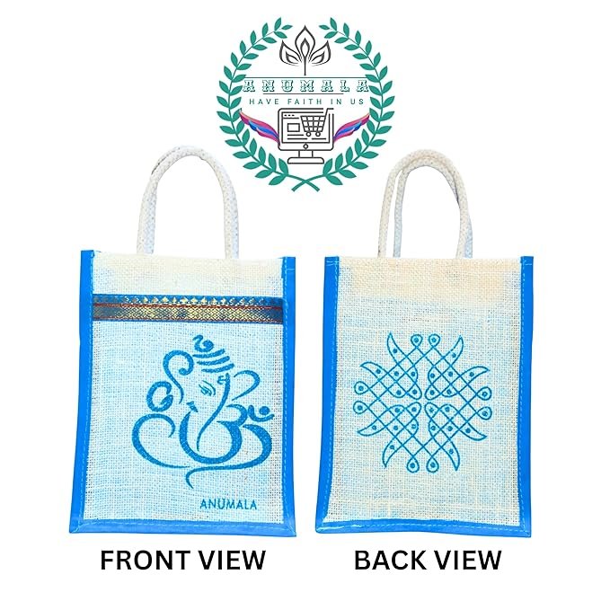 Auspicious white jute Ganesh kolam Jute Return Gift Bag 8x10 inch - Image 4
