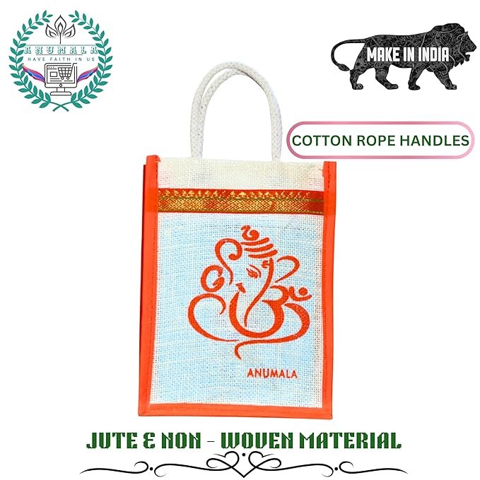 Auspicious white jute Ganesh kolam Jute Return Gift Bag 8x10 inch - Image 3