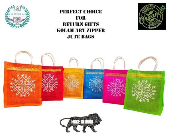 Jute Bags with Contrast Kolam Print for Return Gifts (8*10) - Image 5