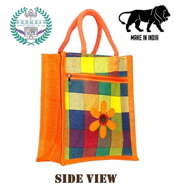 Multicolor Jute & Canvas Checked Embroidery Tote Bags With Two Pockets (13*15) - Image 7
