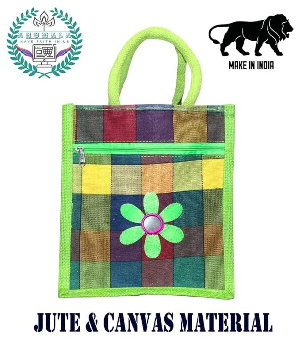 Multicolor Jute & Canvas Checked Embroidery Tote Bags With Two Pockets (13*15) - Image 6