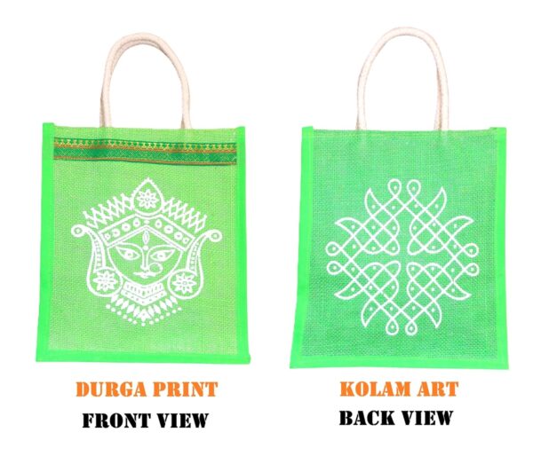 Jute Bags with Contrast Durga and Kolam print - Image 4