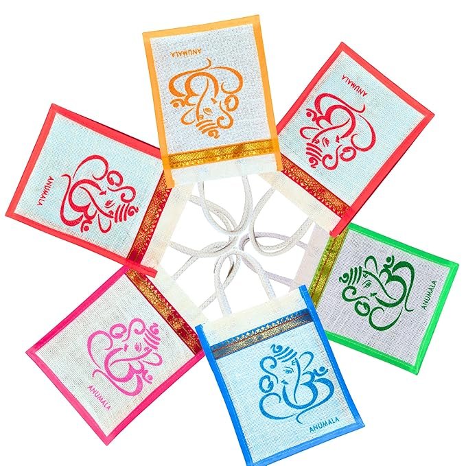 Auspicious white jute Ganesh kolam Jute Return Gift Bag 8x10 inch - Image 2