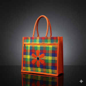 Multicolor Jute & Canvas Checked Embroidery Tote Bags With Two Pockets (10*11)