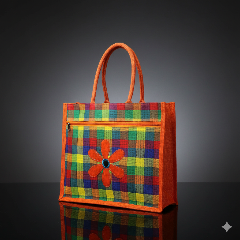 Multicolor Jute & Canvas Checked Embroidery Tote Bags With Two Pockets (10*11)