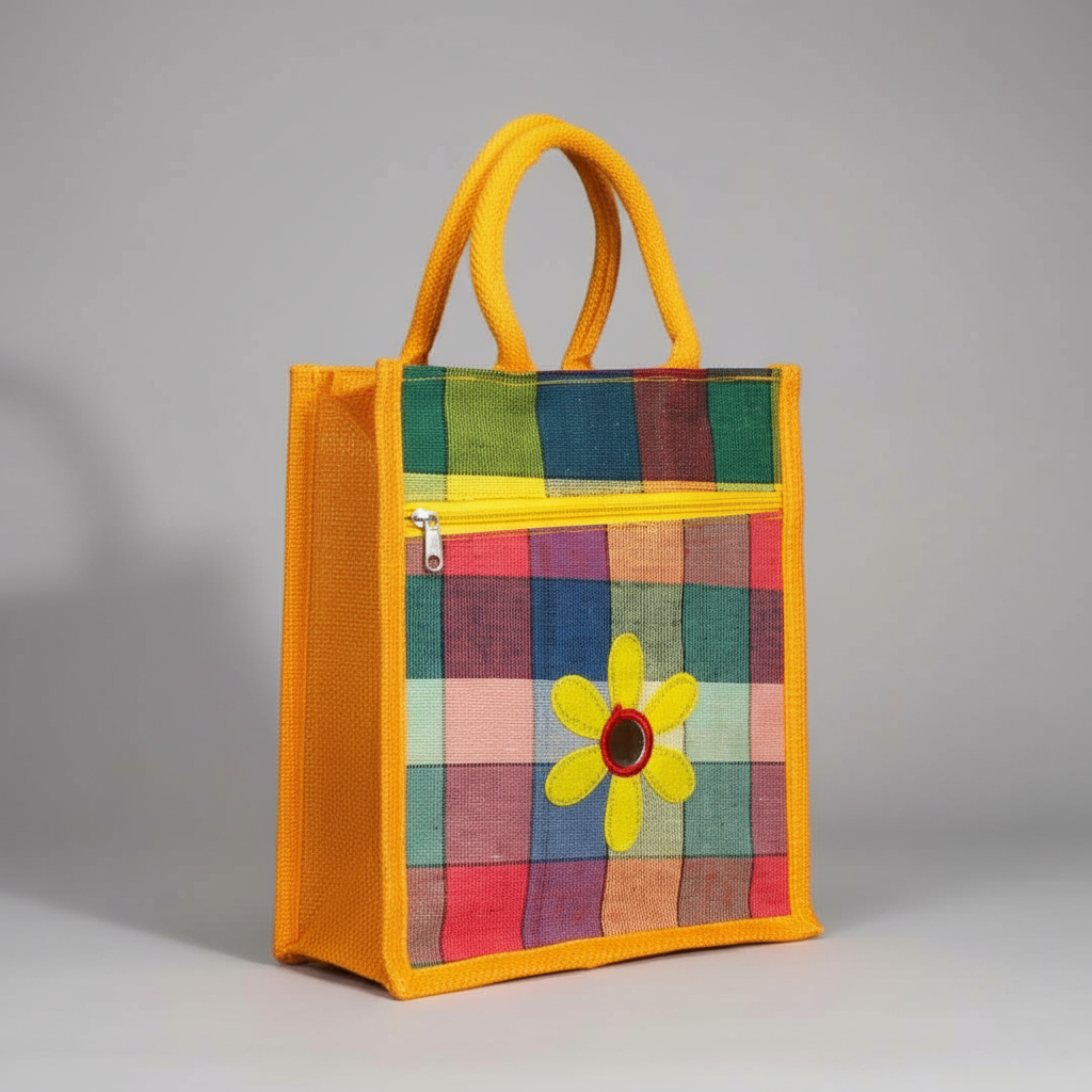 Multicolor Jute & Canvas Checked Embroidery Tote Bags With Two Pockets (14*16)